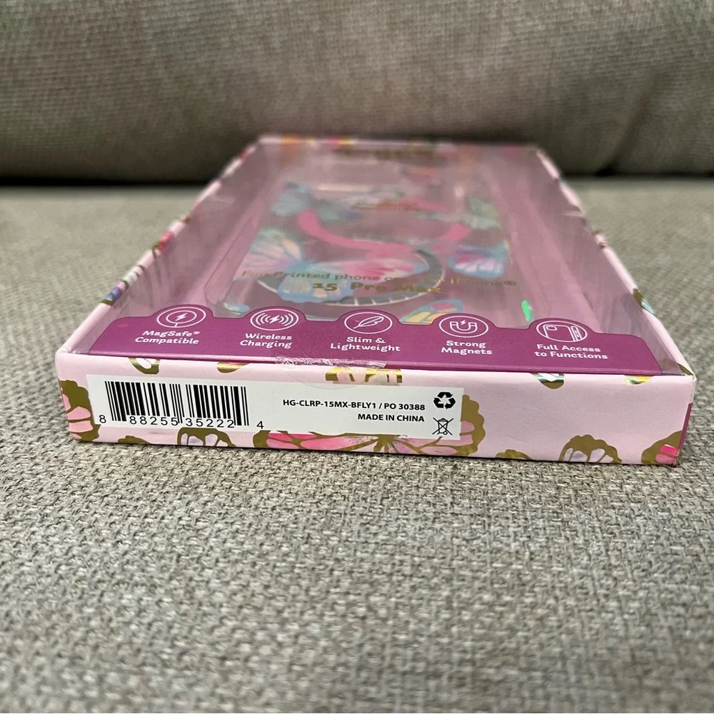 NIB Butterfly Silver/Pink/Clear iPhone 15 Pro Max Wireless Charging Slim Case